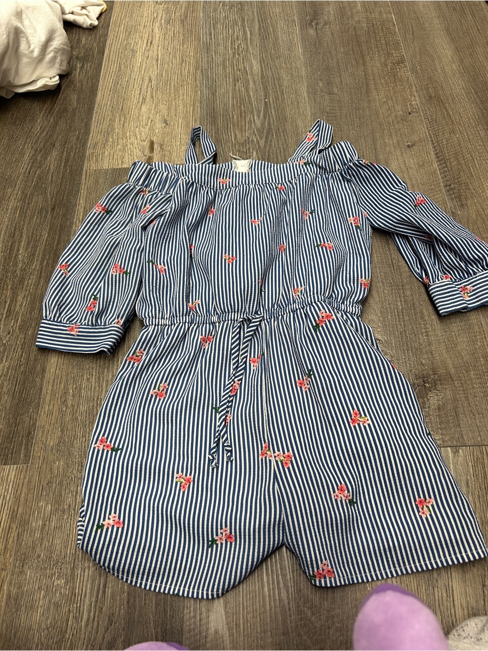 Girls Navy Stripe Floral Off-Shoulder One-Piece romper